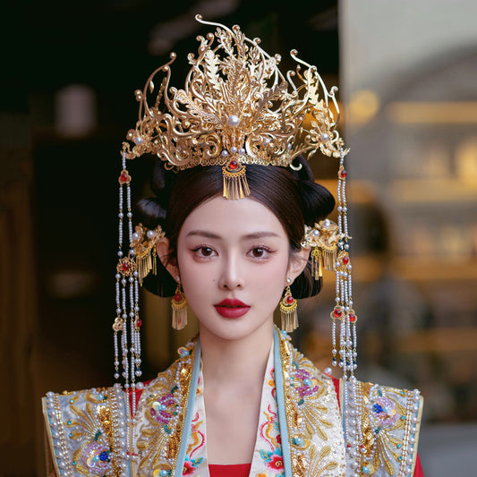 Chinese Gold Phoenix Crown Bridal Headpiece – Long Tassel Vintage Hanfu Hair Accessory for Wedding