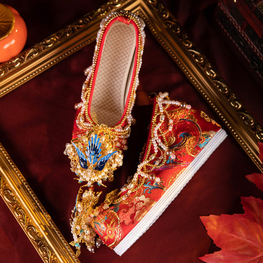 Original High-End Ming Style Hanfu Wedding Shoes - Red Xiuhe Bridal Shoes with Hidden Wedge & Embroidery