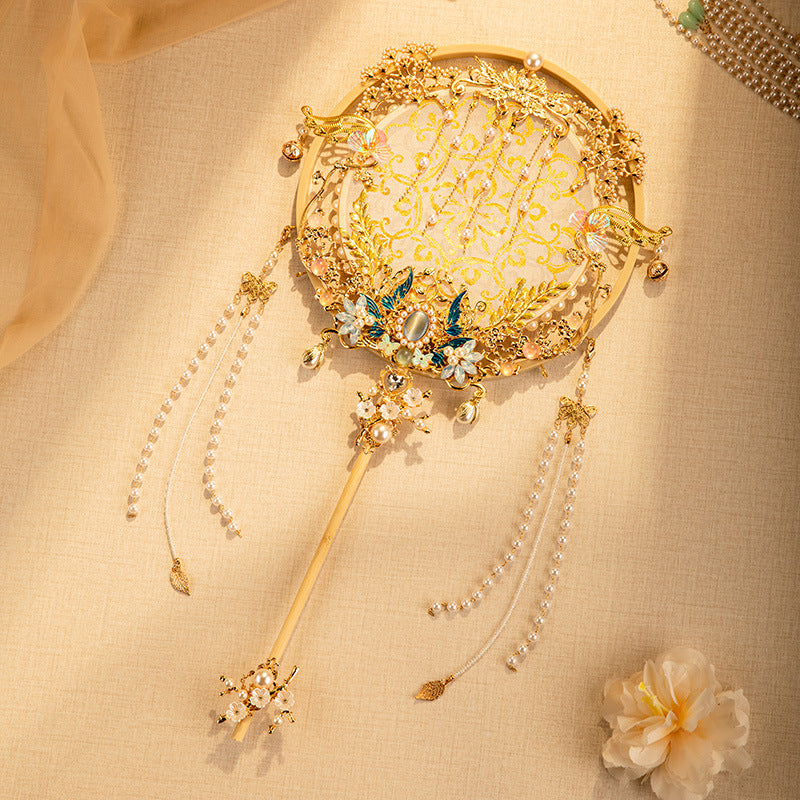 Gold Xiuhe Wedding Round Fan — DIY Bridal Handheld "Joy Fan" Kit with Heavy Embroidery & Tassels