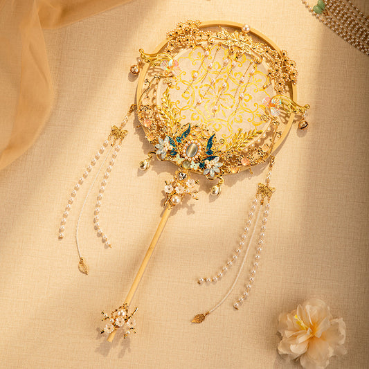 Gold Xiuhe Wedding Round Fan — DIY Bridal Handheld "Joy Fan" Kit with Heavy Embroidery & Tassels