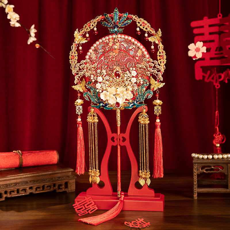 "To The Beloved" Gift: Heavily Embroidered Bride's Round Fan DIY Kit — Red Handheld "Xi Fan" for Xiuhe Dress