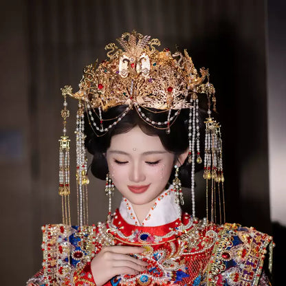 Chinese Bridal Golden Phoenix Crown – Classical Hanfu Wedding Hairpiece with Pearls and Tassels