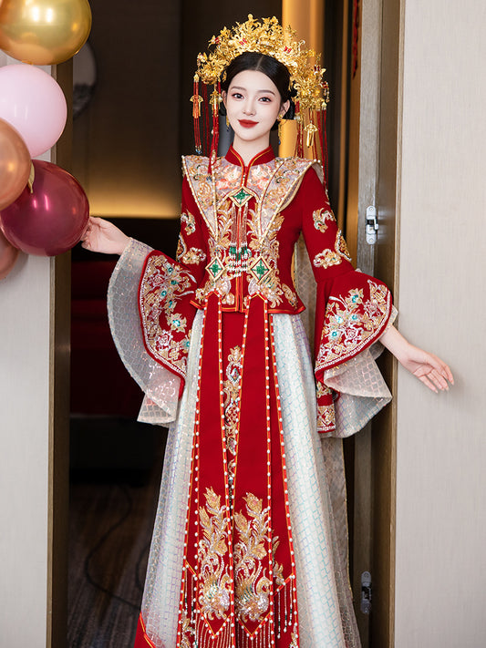 Velvet Poetry · 2025 Meticulous Modern Xiuhe Dress | Slim-Fit Chinese Bridal Gown for Departure Ceremony