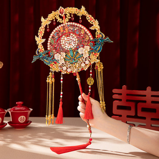 Xiuhe Dress Premium Set: Red Heavy-Embroidery Ancient-Style Round Fan DIY Kit — Make Your Bridal Handheld "Lucky Fan"