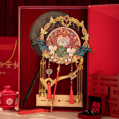 Xiuhe Dress Premium Set: Red Heavy-Embroidery Ancient-Style Round Fan DIY Kit — Make Your Bridal Handheld "Lucky Fan"