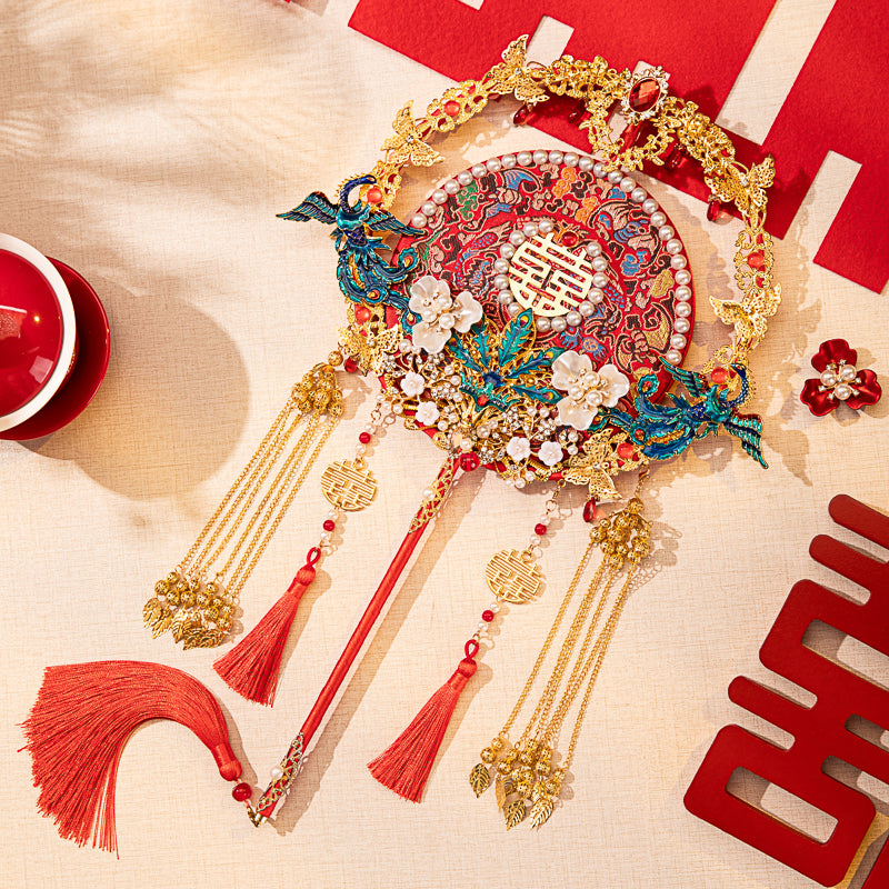 Xiuhe Dress Premium Set: Red Heavy-Embroidery Ancient-Style Round Fan DIY Kit — Make Your Bridal Handheld "Lucky Fan"