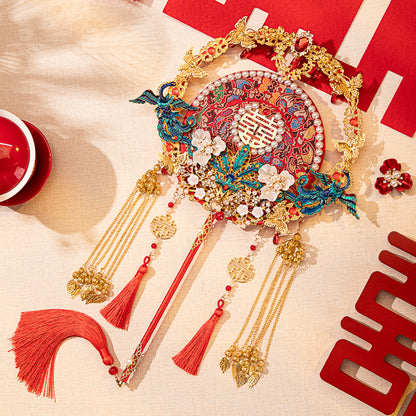 Xiuhe Dress Premium Set: Red Heavy-Embroidery Ancient-Style Round Fan DIY Kit — Make Your Bridal Handheld "Lucky Fan"