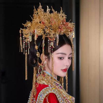 Chinese Red and Gold Phoenix Crown Bridal Headpiece – Long Tassel Hanfu Hair Accessory for Wedding
