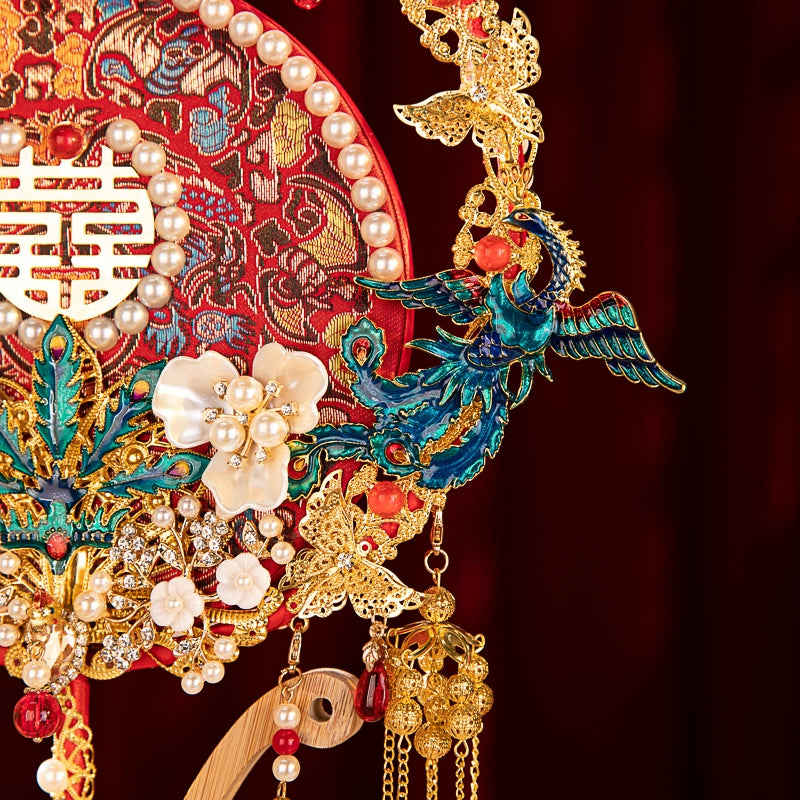 Xiuhe Dress Premium Set: Red Heavy-Embroidery Ancient-Style Round Fan DIY Kit — Make Your Bridal Handheld "Lucky Fan"