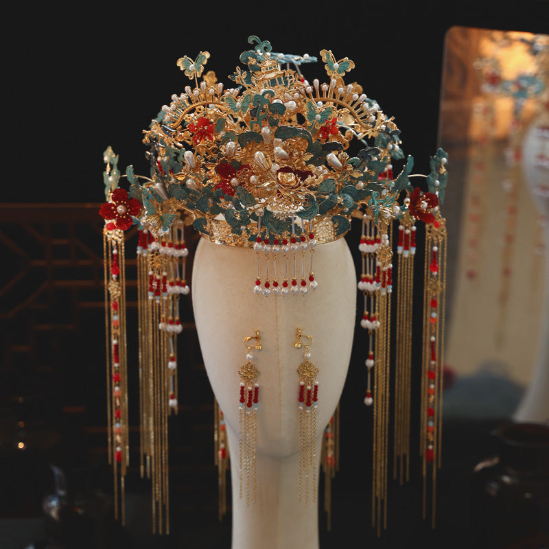 Chinese Bridal Cloisonné Phoenix Crown – Elegant Hanfu Wedding Hairpiece with Butterfly Tassels, Crafted from Copper and Aluminum