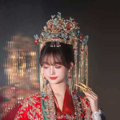 Hanfu Bride Cloisonné Phoenix Crown – Elegant Chinese Wedding Hairpiece with Butterfly Tassels and Traditional Design