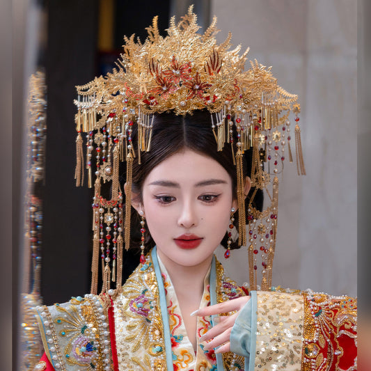 Chinese Red and Gold Phoenix Crown Bridal Headpiece – Long Tassel Hanfu Hair Accessory for Wedding