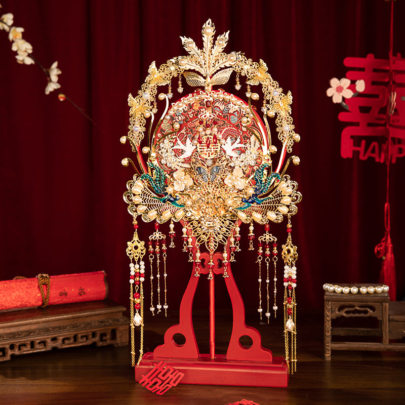 Chinese Wedding Heavy Embroidery Round Fan DIY Kit - Red Ancient-Style Tasseled Bridal Fan