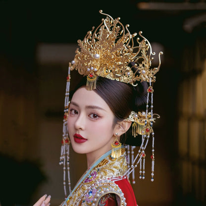 Chinese Gold Phoenix Crown Bridal Headpiece – Long Tassel Vintage Hanfu Hair Accessory for Wedding