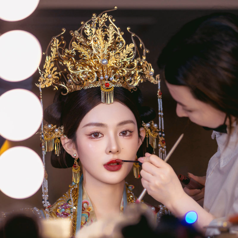 Chinese Gold Phoenix Crown Bridal Headpiece – Long Tassel Vintage Hanfu Hair Accessory for Wedding