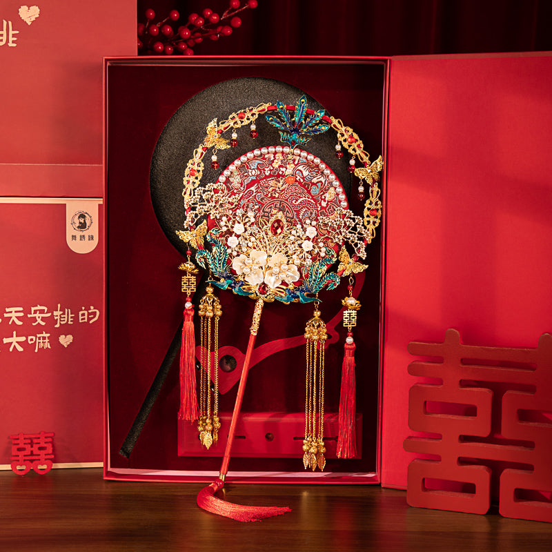 "To The Beloved" Gift: Heavily Embroidered Bride's Round Fan DIY Kit — Red Handheld "Xi Fan" for Xiuhe Dress
