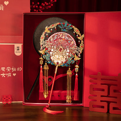 "To The Beloved" Gift: Heavily Embroidered Bride's Round Fan DIY Kit — Red Handheld "Xi Fan" for Xiuhe Dress
