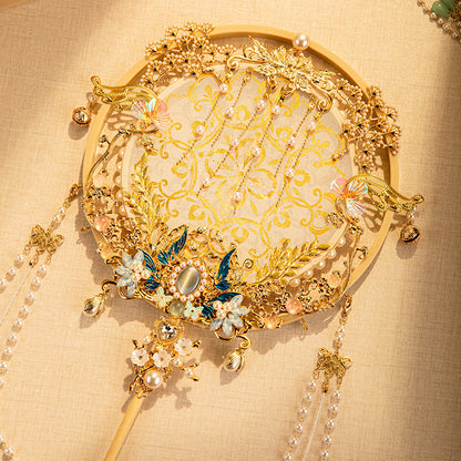 Gold Xiuhe Wedding Round Fan — DIY Bridal Handheld "Joy Fan" Kit with Heavy Embroidery & Tassels