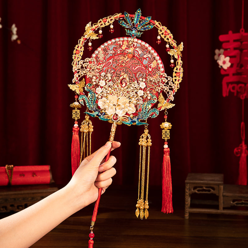 "To The Beloved" Gift: Heavily Embroidered Bride's Round Fan DIY Kit — Red Handheld "Xi Fan" for Xiuhe Dress