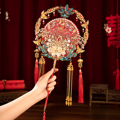 "To The Beloved" Gift: Heavily Embroidered Bride's Round Fan DIY Kit — Red Handheld "Xi Fan" for Xiuhe Dress