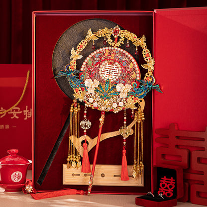 Xiuhe Dress Premium Set: Red Heavy-Embroidery Ancient-Style Round Fan DIY Kit — Make Your Bridal Handheld "Lucky Fan"