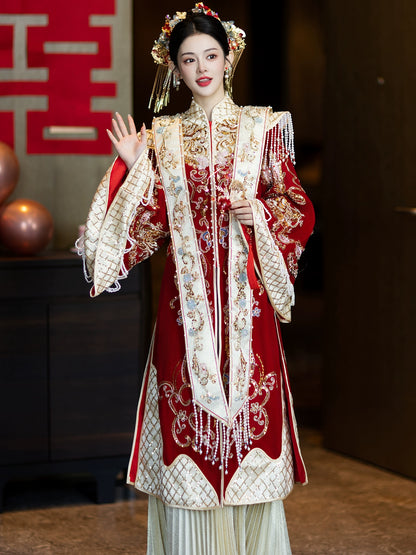 Phoenix Ceremony · 2025 Ming-style Xiuhe Dress | 3-in-1 Bridal Gown for Banquet & Departure with Heavy Embroidery
