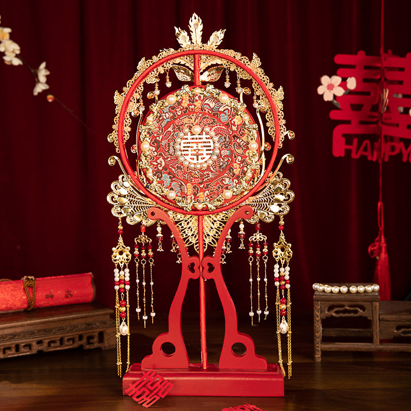 Chinese Wedding Heavy Embroidery Round Fan DIY Kit - Red Ancient-Style Tasseled Bridal Fan