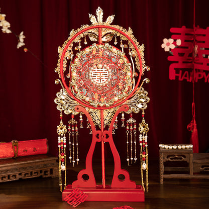 Chinese Wedding Heavy Embroidery Round Fan DIY Kit - Red Ancient-Style Tasseled Bridal Fan