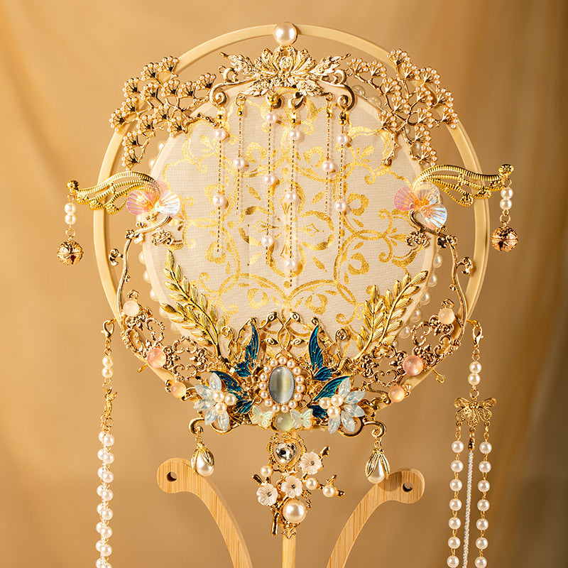 Gold Xiuhe Wedding Round Fan — DIY Bridal Handheld "Joy Fan" Kit with Heavy Embroidery & Tassels