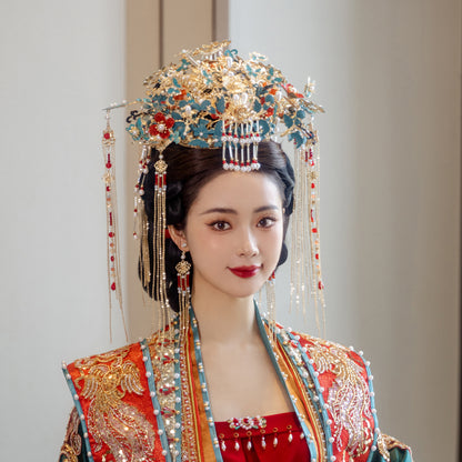 Chinese Bridal Cloisonné Phoenix Crown – Elegant Hanfu Wedding Hairpiece with Butterfly Tassels, Crafted from Copper and Aluminum