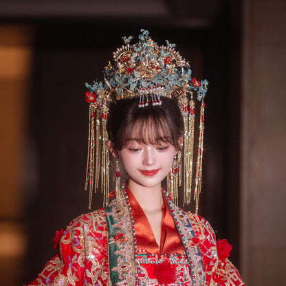 Hanfu Bride Cloisonné Phoenix Crown – Elegant Chinese Wedding Hairpiece with Butterfly Tassels and Traditional Design