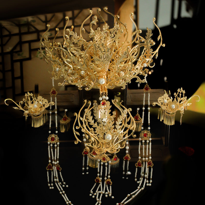 Chinese Gold Phoenix Crown Bridal Headpiece – Long Tassel Vintage Hanfu Hair Accessory for Wedding
