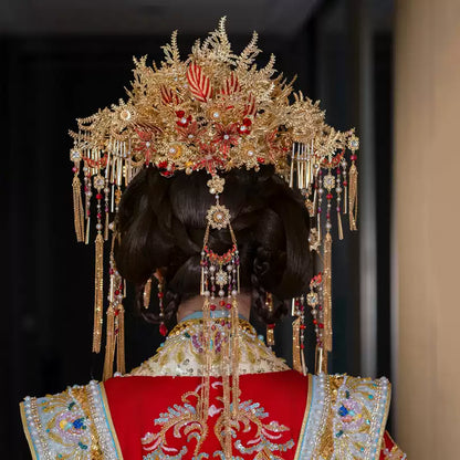 Chinese Red and Gold Phoenix Crown Bridal Headpiece – Long Tassel Hanfu Hair Accessory for Wedding