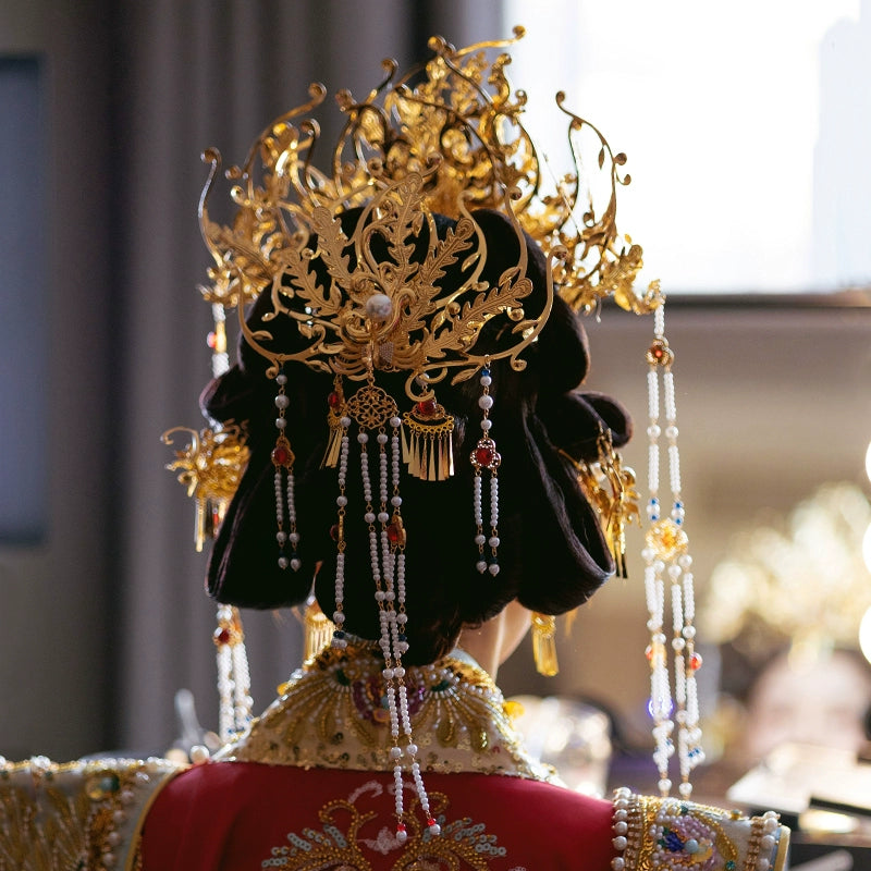 Chinese Gold Phoenix Crown Bridal Headpiece – Long Tassel Vintage Hanfu Hair Accessory for Wedding