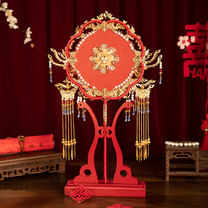 Chinese Red Tassel Wedding Fan Kit – Double-Sided Handmade Bridal Hanfu Round Fan DIY Set