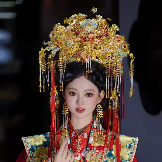 Chinese Imperial Phoenix Crown Bridal Headpiece – Luxurious Handcrafted Hanfu Wedding Hair Accessory