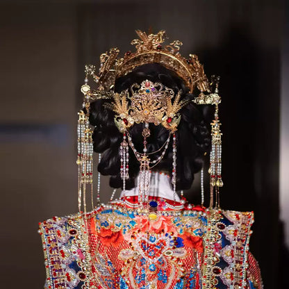 Chinese Bridal Golden Phoenix Crown – Classical Hanfu Wedding Hairpiece with Pearls and Tassels