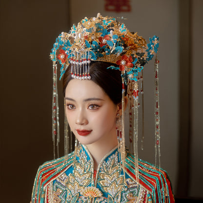 Chinese Bridal Cloisonné Phoenix Crown – Elegant Hanfu Wedding Hairpiece with Butterfly Tassels, Crafted from Copper and Aluminum