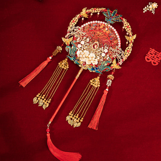 "To The Beloved" Gift: Heavily Embroidered Bride's Round Fan DIY Kit — Red Handheld "Xi Fan" for Xiuhe Dress