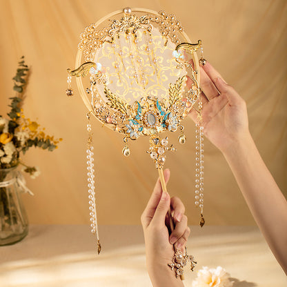 Gold Xiuhe Wedding Round Fan — DIY Bridal Handheld "Joy Fan" Kit with Heavy Embroidery & Tassels