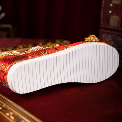 Original High-End Ming Style Hanfu Wedding Shoes - Red Xiuhe Bridal Shoes with Hidden Wedge & Embroidery