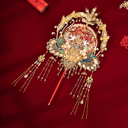 Chinese Wedding Heavy Embroidery Round Fan DIY Kit - Red Ancient-Style Tasseled Bridal Fan