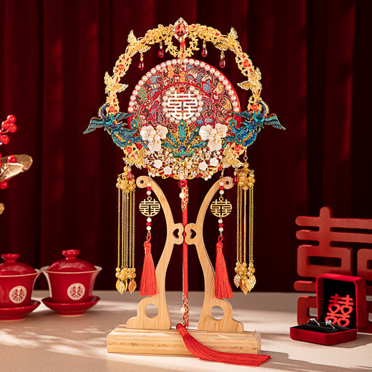 Xiuhe Dress Premium Set: Red Heavy-Embroidery Ancient-Style Round Fan DIY Kit — Make Your Bridal Handheld "Lucky Fan"