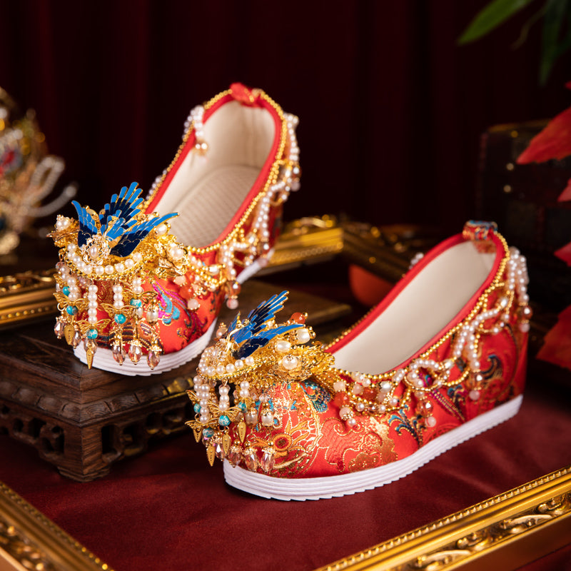 Original High-End Ming Style Hanfu Wedding Shoes - Red Xiuhe Bridal Shoes with Hidden Wedge & Embroidery