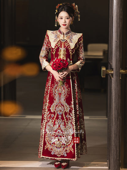Opulent Silk-Velvet · 2025 Xiuhe Bridal Dress | Grand Sweep Hem & Meticulous Embroidery for Winter Nuptials