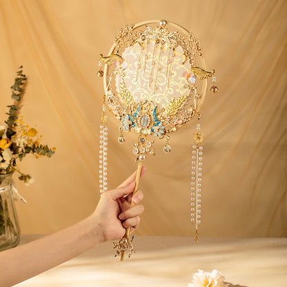Gold Xiuhe Wedding Round Fan — DIY Bridal Handheld "Joy Fan" Kit with Heavy Embroidery & Tassels