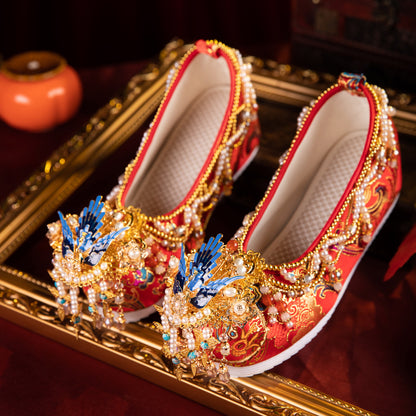Original High-End Ming Style Hanfu Wedding Shoes - Red Xiuhe Bridal Shoes with Hidden Wedge & Embroidery
