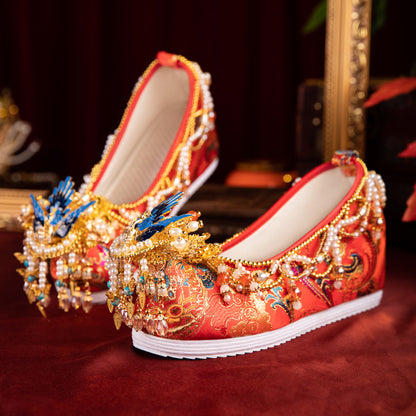 Original High-End Ming Style Hanfu Wedding Shoes - Red Xiuhe Bridal Shoes with Hidden Wedge & Embroidery